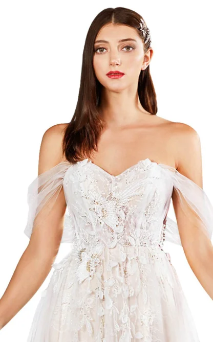 VL0822-1 Vestido largo novia ampon tul bordado off shoulder con cauda
