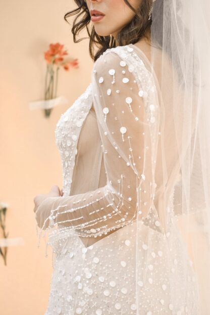 VL30100024-8 Vestido largo novia cauda bordado pedreria manga larga transparencia escotes v costados sin espalda