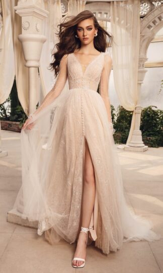 VL30100011 Vestido largo novia con cauda tul transparencias bordado encaje con aplicaciones 3D