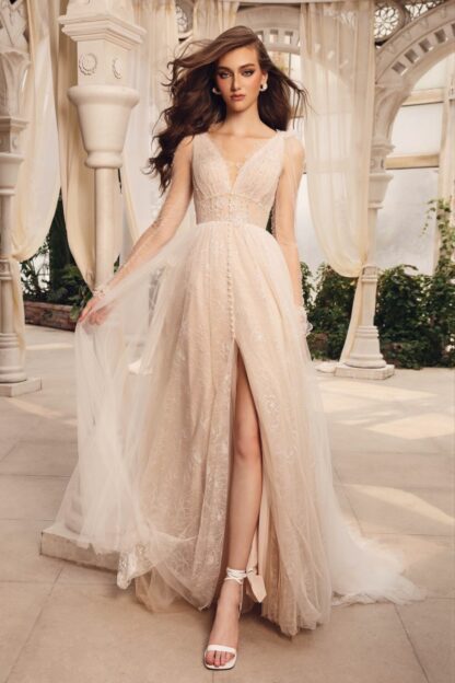 VL30100011 Vestido largo novia con cauda tul transparencias bordado encaje con aplicaciones 3D