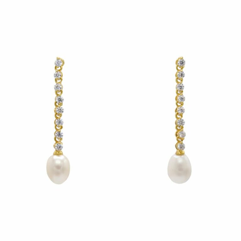 A14695 Arete artesanal con perla colgante con circonias de laton bañado en oro