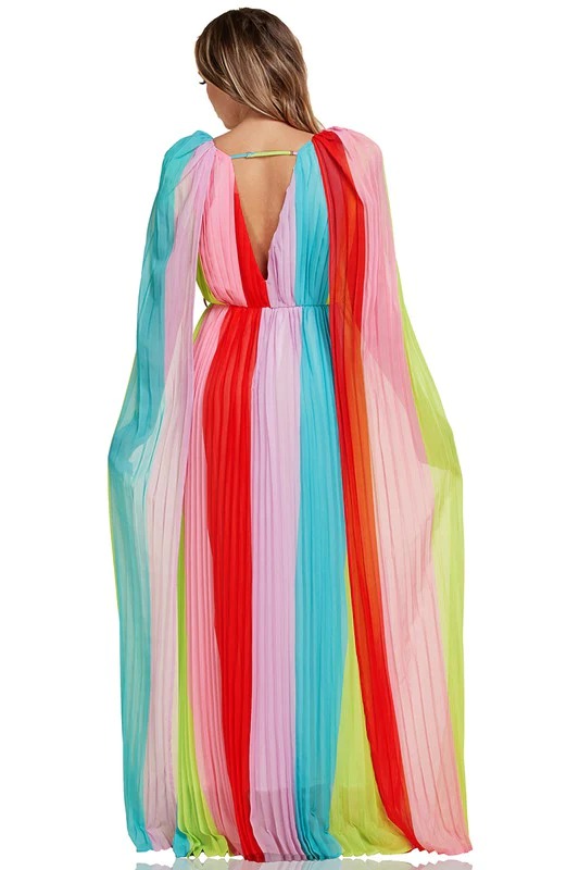 VL52862-2 Vestido largo vaporoso hombreras manga abierta plisado multicolor