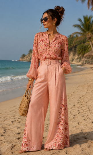 Conjunto pantalón estampado flores cinto con blusa manga larga botones