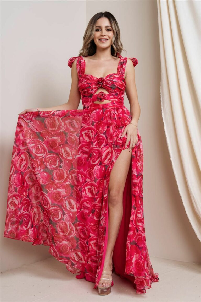 VL21789-1 Vestido largo vaporoso de tirantes drapeado cut out flores