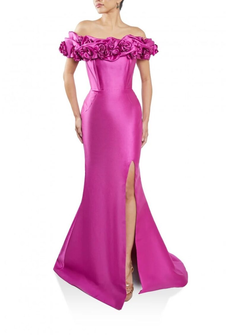 VL242E3102 Vestido largo tafeta sirena off shoulder rosas