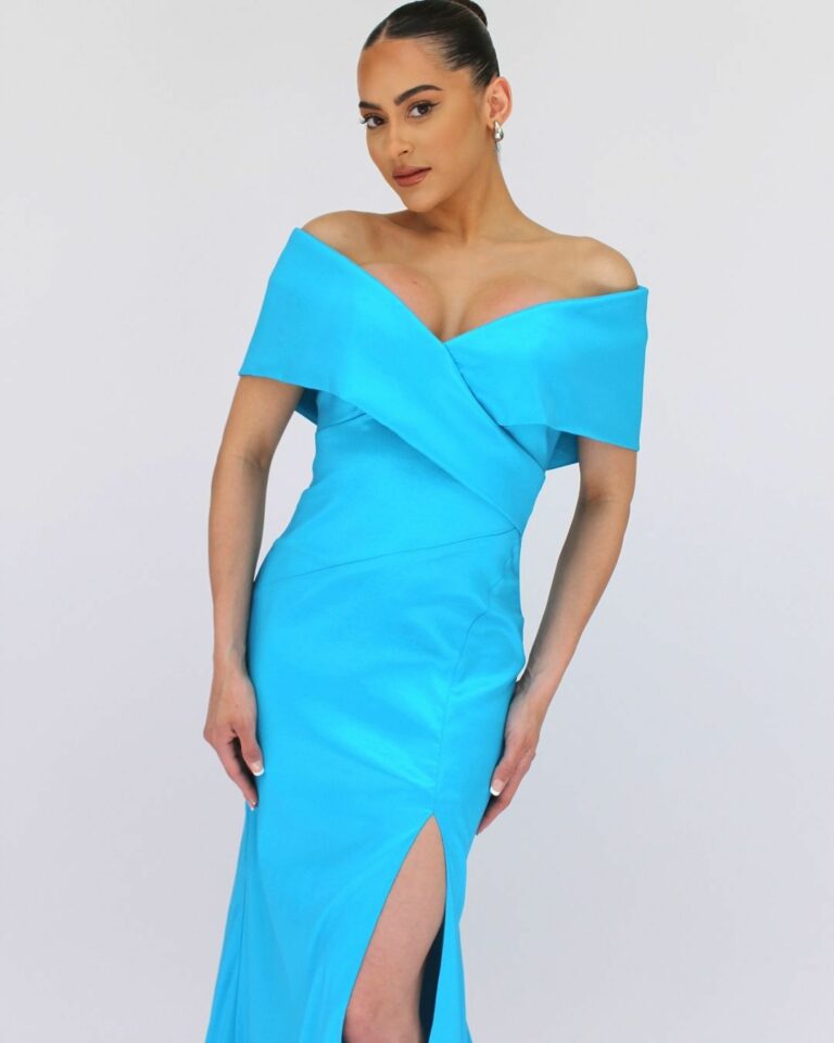 VL507794-3 Vestido largo off shoulder de tafeta lycra con abertura en pierna