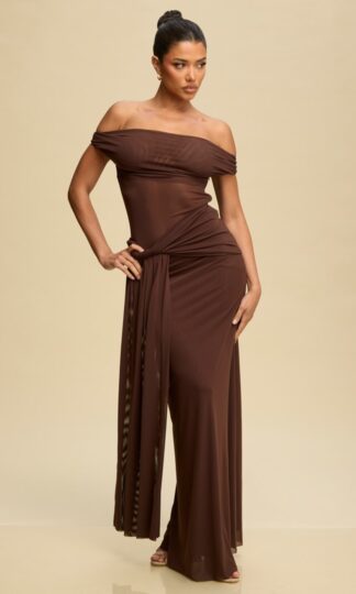 Off shoulder mesh nudo cintura