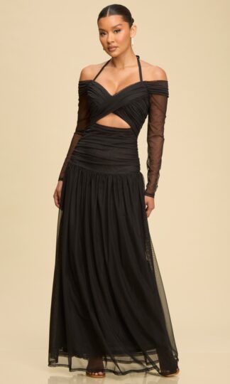 Off shoulder cruzado mesh manga larga
