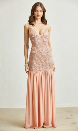 Tirante escote V perlas falda mesh