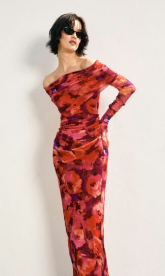 Mesh off shoulder manga larga print