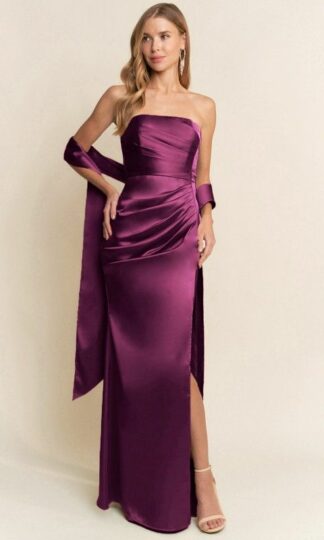 Strapless drapeado satin pierna abierta