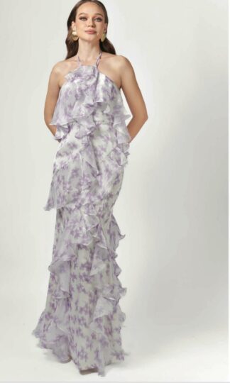Halter recto organza con capas de escarolas