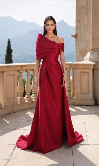 Tafeta off shoulder asimetrico drapeado