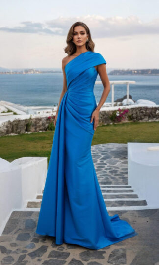 Vestido largo de un hombro con drapeado y corte entallado