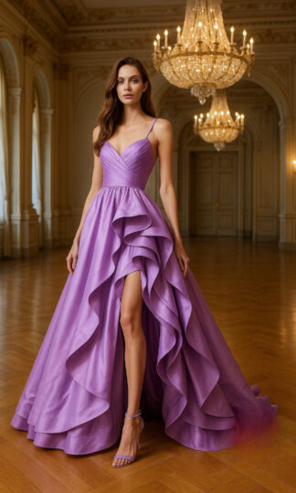 Vestido con escote en V tirantes y falda amplia con volantes asimétricos