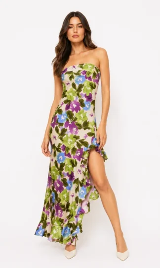 SATIN FLORES STRAPLESS ESCAROLA