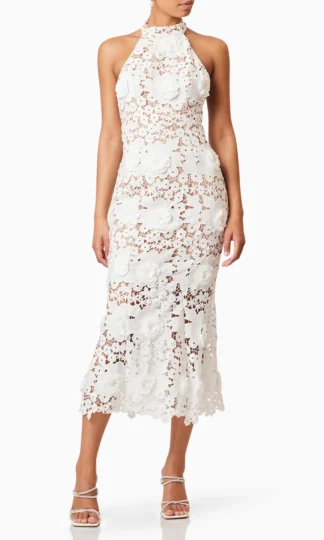 RENTA Midi halter encaje floral 3d espalda abierta