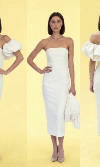 RENTA Strapless corte recto con capa desmontable