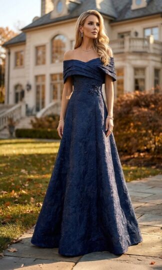 Brocado tafeta off the shoulder drapeado