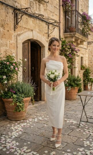 Strapless drapeado midi